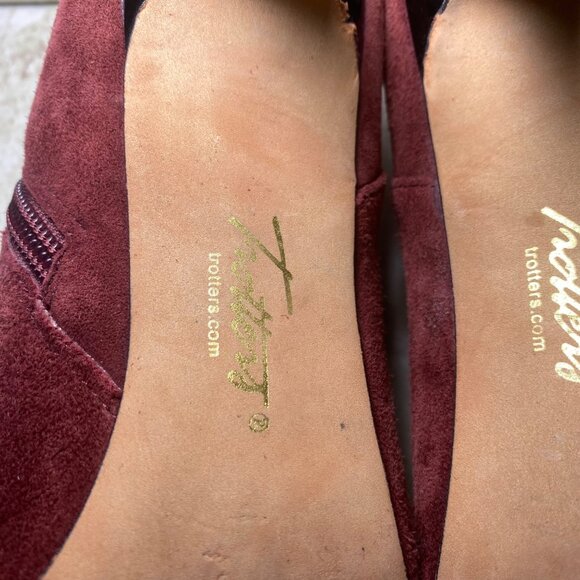 Burgundy Suede Pointed Toe Booties Black Patent Leather Tips Heels Office Casual - Picture 8 of 10